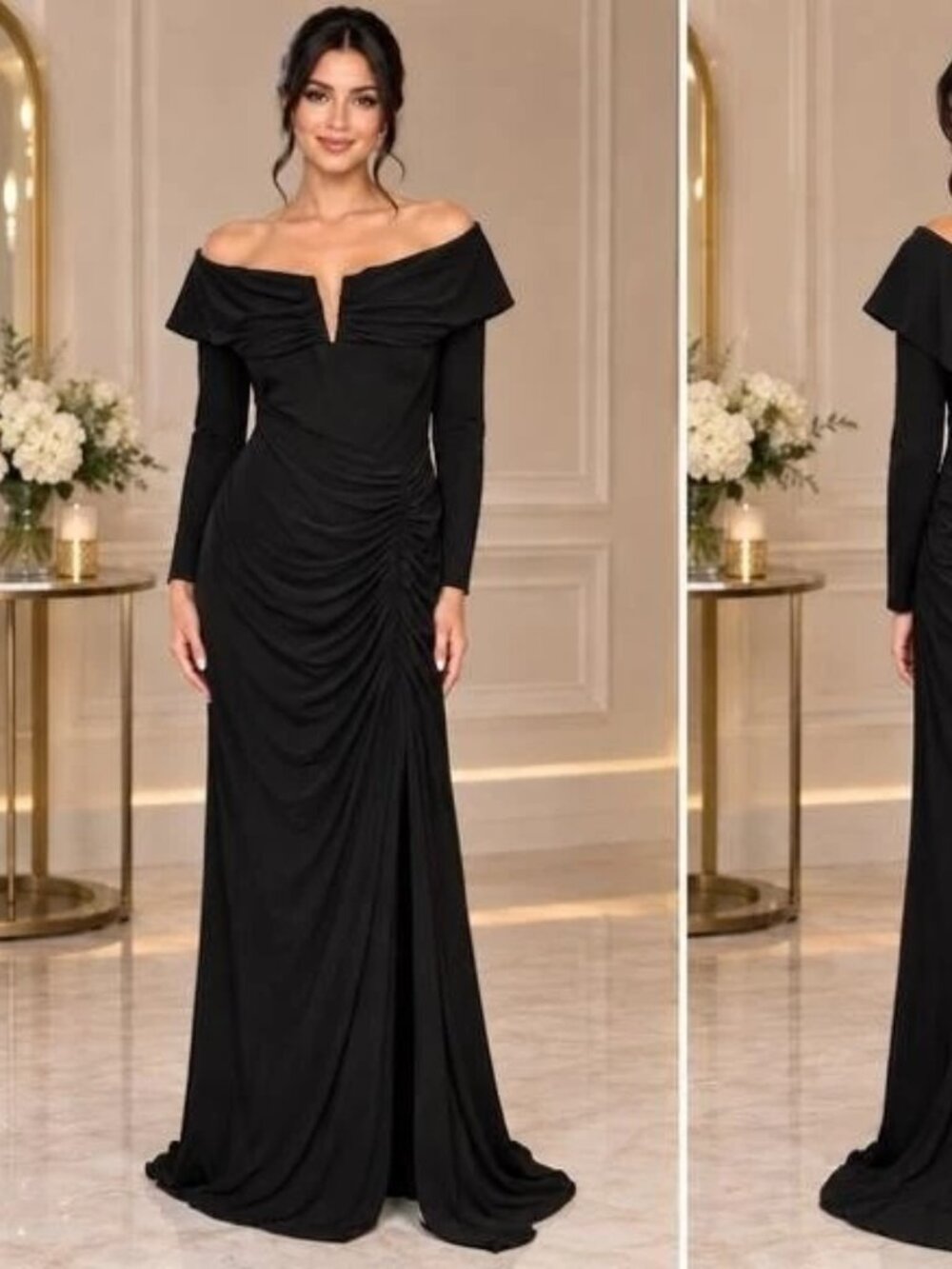 Xscape Black Off-The-Shoulder Jersey Dress Gown